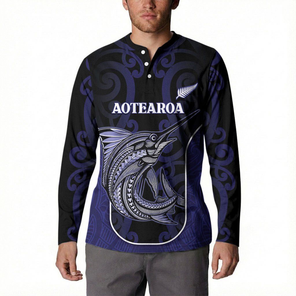 Personalised New Zealand Aotearoa Button Sweatshirt Blue Marlin Fishing Maori Pattern