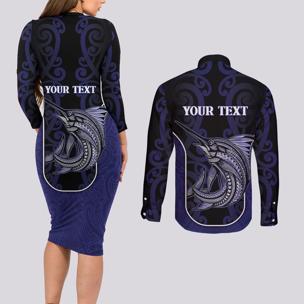 Personalised New Zealand Aotearoa Couples Matching Long Sleeve Bodycon Dress and Long Sleeve Button Shirt Blue Marlin Fishing Maori Pattern LT05 - Polynesian Pride
