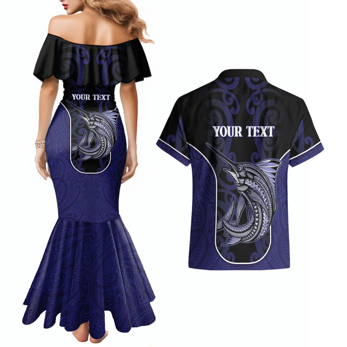 Personalised New Zealand Aotearoa Couples Matching Mermaid Dress and Hawaiian Shirt Blue Marlin Fishing Maori Pattern LT05 - Polynesian Pride