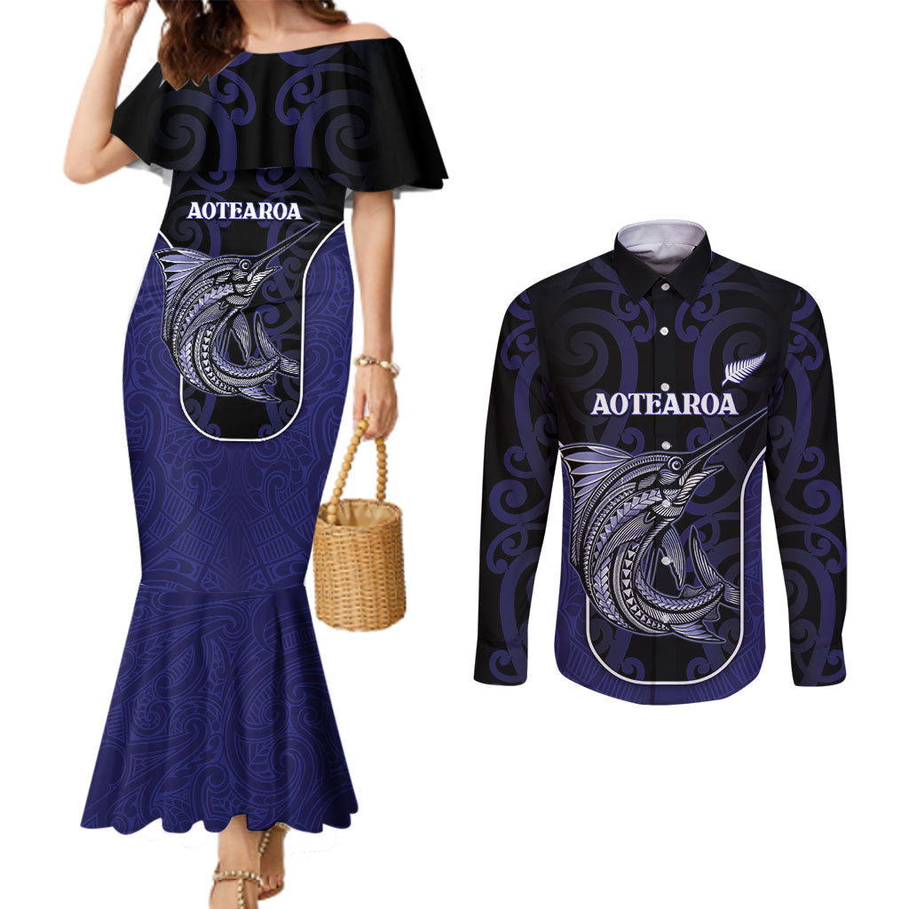 Personalised New Zealand Aotearoa Couples Matching Mermaid Dress and Long Sleeve Button Shirt Blue Marlin Fishing Maori Pattern LT05 Black - Polynesian Pride