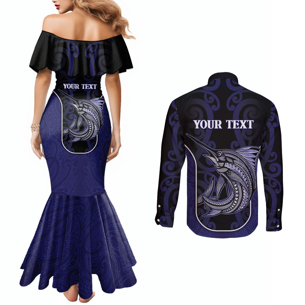 Personalised New Zealand Aotearoa Couples Matching Mermaid Dress and Long Sleeve Button Shirt Blue Marlin Fishing Maori Pattern LT05 - Polynesian Pride
