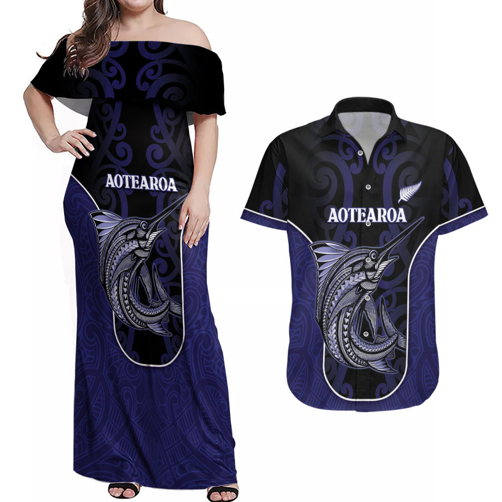 Personalised New Zealand Aotearoa Couples Matching Off Shoulder Maxi Dress and Hawaiian Shirt Blue Marlin Fishing Maori Pattern LT05 Black - Polynesian Pride