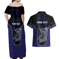 Personalised New Zealand Aotearoa Couples Matching Off Shoulder Maxi Dress and Hawaiian Shirt Blue Marlin Fishing Maori Pattern LT05 - Polynesian Pride