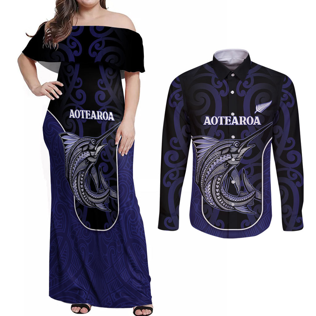Personalised New Zealand Aotearoa Couples Matching Off Shoulder Maxi Dress and Long Sleeve Button Shirt Blue Marlin Fishing Maori Pattern LT05 Black - Polynesian Pride