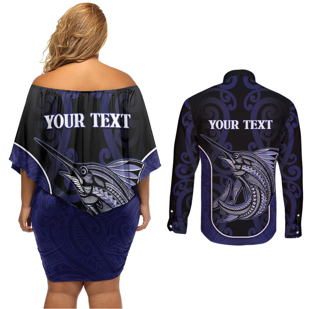 Personalised New Zealand Aotearoa Couples Matching Off Shoulder Short Dress and Long Sleeve Button Shirt Blue Marlin Fishing Maori Pattern LT05 - Polynesian Pride