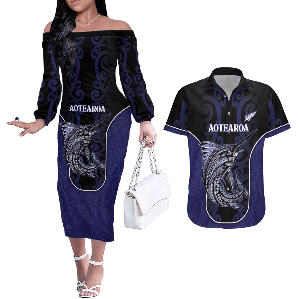 Personalised New Zealand Aotearoa Couples Matching Off The Shoulder Long Sleeve Dress and Hawaiian Shirt Blue Marlin Fishing Maori Pattern LT05 Black - Polynesian Pride