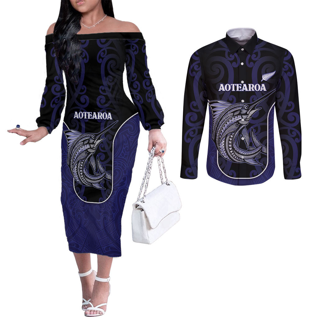Personalised New Zealand Aotearoa Couples Matching Off The Shoulder Long Sleeve Dress and Long Sleeve Button Shirt Blue Marlin Fishing Maori Pattern LT05 Black - Polynesian Pride