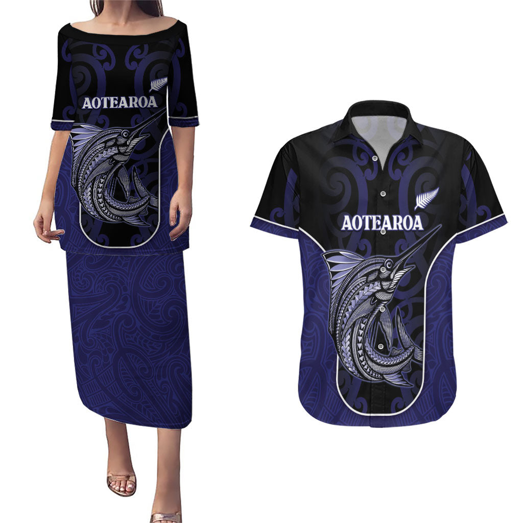 Personalised New Zealand Aotearoa Couples Matching Puletasi and Hawaiian Shirt Blue Marlin Fishing Maori Pattern LT05 Black - Polynesian Pride