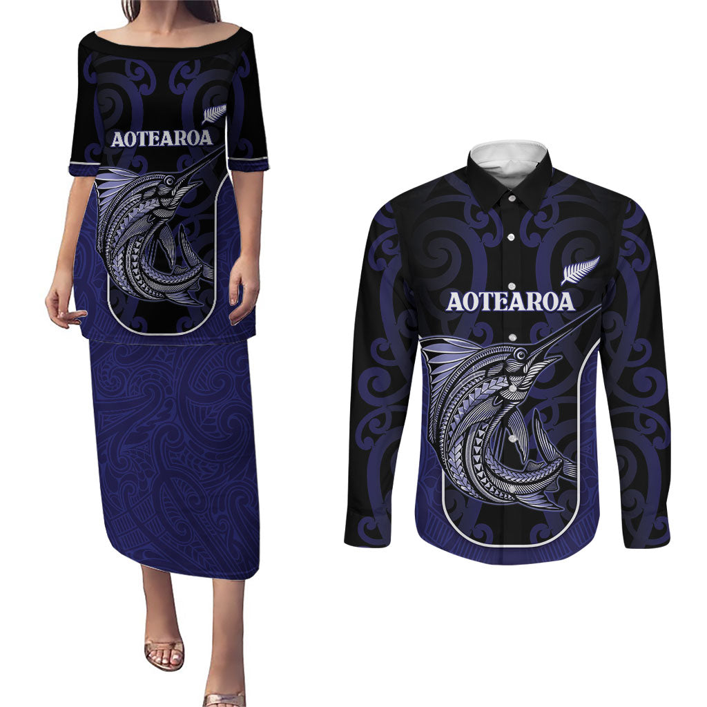 Personalised New Zealand Aotearoa Couples Matching Puletasi and Long Sleeve Button Shirt Blue Marlin Fishing Maori Pattern LT05 Black - Polynesian Pride
