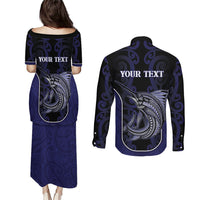 Personalised New Zealand Aotearoa Couples Matching Puletasi and Long Sleeve Button Shirt Blue Marlin Fishing Maori Pattern LT05 - Polynesian Pride