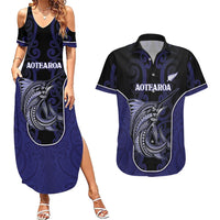 Personalised New Zealand Aotearoa Couples Matching Summer Maxi Dress and Hawaiian Shirt Blue Marlin Fishing Maori Pattern LT05 Black - Polynesian Pride