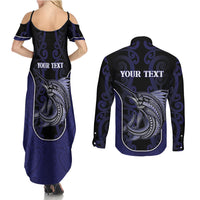 Personalised New Zealand Aotearoa Couples Matching Summer Maxi Dress and Long Sleeve Button Shirt Blue Marlin Fishing Maori Pattern LT05 - Polynesian Pride