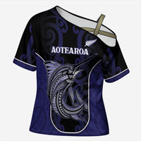Personalised New Zealand Aotearoa Cross Shoulder Shirt Blue Marlin Fishing Maori Pattern