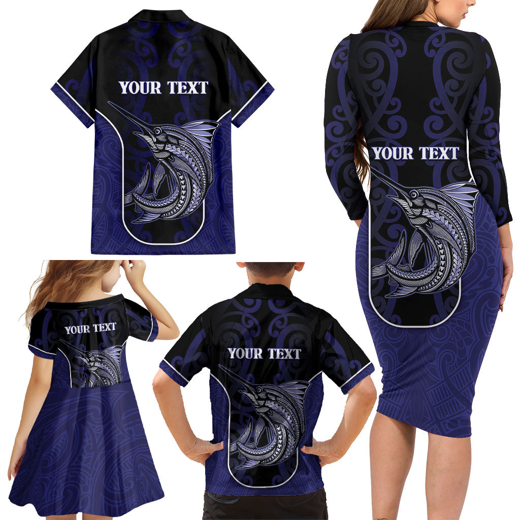 Personalised New Zealand Aotearoa Family Matching Long Sleeve Bodycon Dress and Hawaiian Shirt Blue Marlin Fishing Maori Pattern LT05 - Polynesian Pride