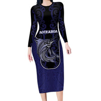 Personalised New Zealand Aotearoa Family Matching Long Sleeve Bodycon Dress and Hawaiian Shirt Blue Marlin Fishing Maori Pattern LT05 Mom's Dress Black - Polynesian Pride