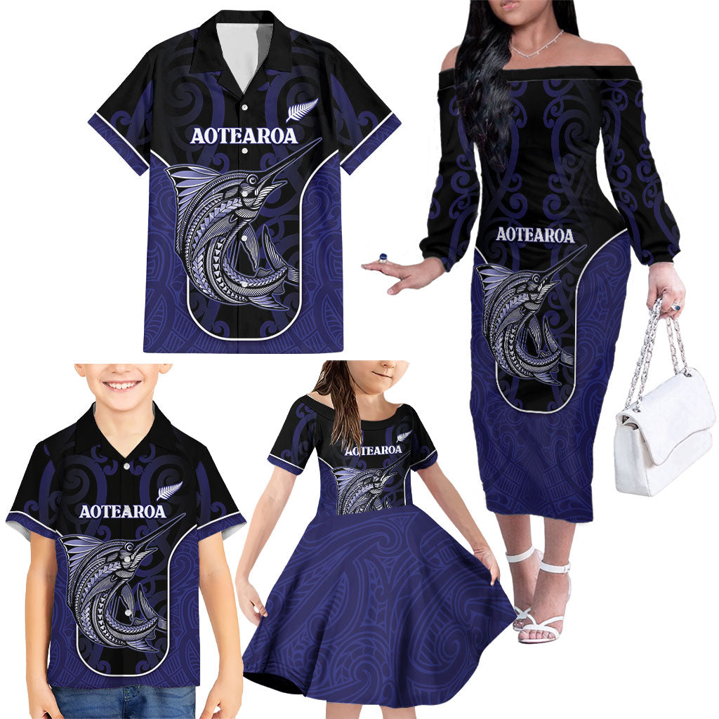 Personalised New Zealand Aotearoa Family Matching Off The Shoulder Long Sleeve Dress and Hawaiian Shirt Blue Marlin Fishing Maori Pattern