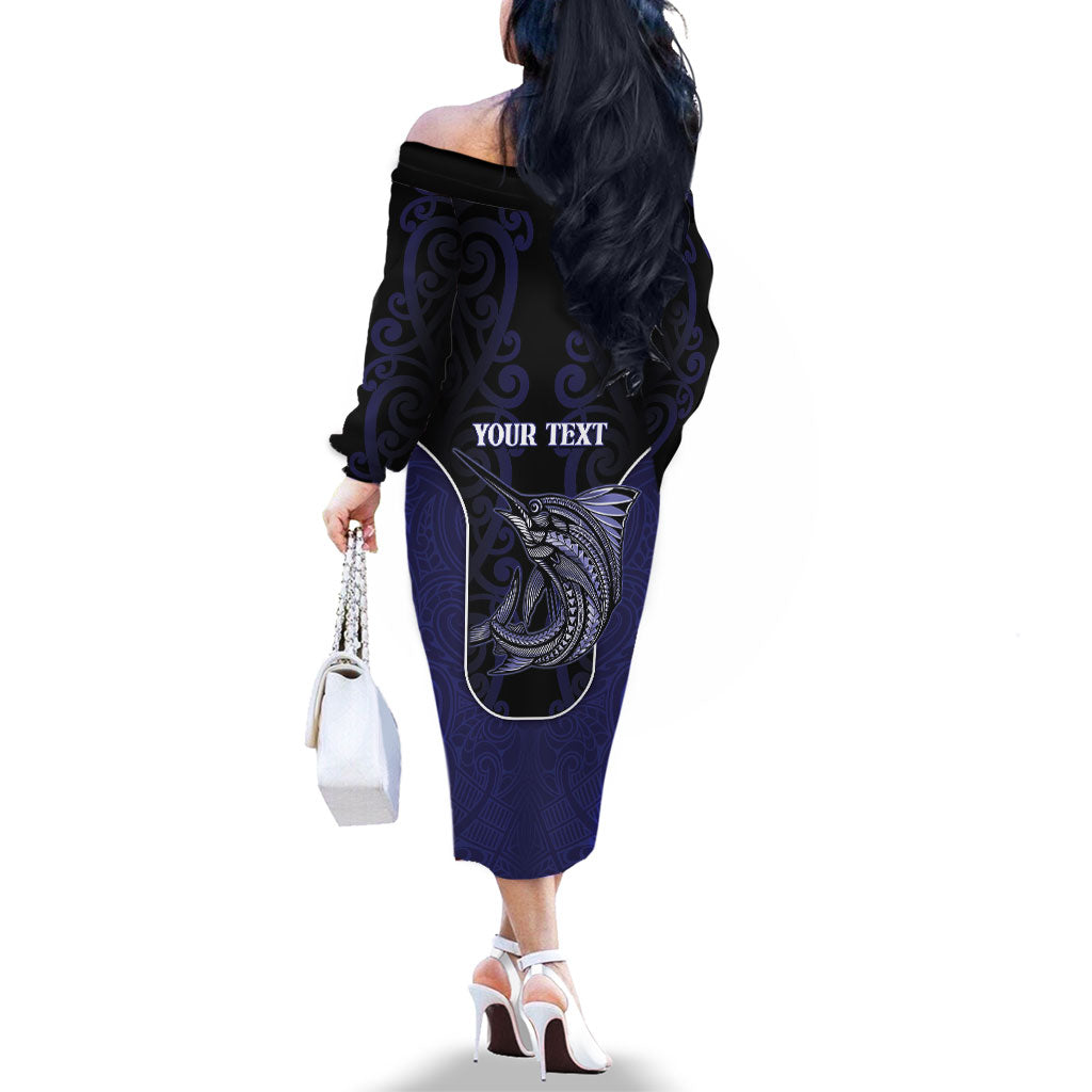 Personalised New Zealand Aotearoa Family Matching Off The Shoulder Long Sleeve Dress and Hawaiian Shirt Blue Marlin Fishing Maori Pattern LT05 - Polynesian Pride