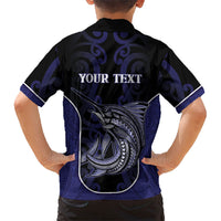 Personalised New Zealand Aotearoa Family Matching Off Shoulder Maxi Dress and Hawaiian Shirt Blue Marlin Fishing Maori Pattern LT05 - Polynesian Pride
