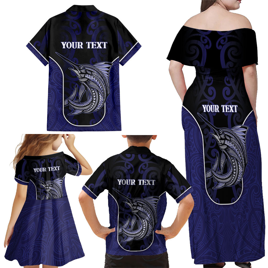 Personalised New Zealand Aotearoa Family Matching Off Shoulder Maxi Dress and Hawaiian Shirt Blue Marlin Fishing Maori Pattern LT05 - Polynesian Pride
