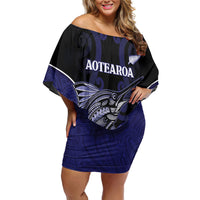 Personalised New Zealand Aotearoa Family Matching Off Shoulder Short Dress and Hawaiian Shirt Blue Marlin Fishing Maori Pattern LT05 Mom's Dress Black - Polynesian Pride