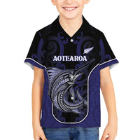 Personalised New Zealand Aotearoa Family Matching Off Shoulder Short Dress and Hawaiian Shirt Blue Marlin Fishing Maori Pattern LT05 Son's Shirt Black - Polynesian Pride