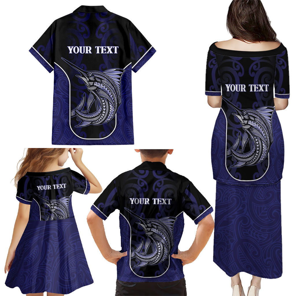 Personalised New Zealand Aotearoa Family Matching Puletasi and Hawaiian Shirt Blue Marlin Fishing Maori Pattern LT05 - Polynesian Pride
