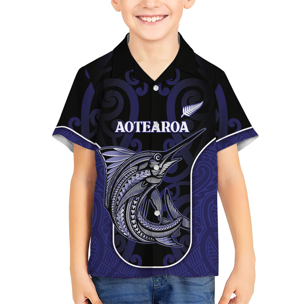 Personalised New Zealand Aotearoa Family Matching Puletasi and Hawaiian Shirt Blue Marlin Fishing Maori Pattern LT05 Son's Shirt Black - Polynesian Pride