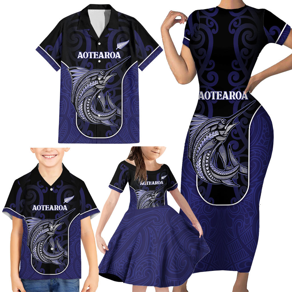 Personalised New Zealand Aotearoa Family Matching Short Sleeve Bodycon Dress and Hawaiian Shirt Blue Marlin Fishing Maori Pattern LT05 - Polynesian Pride