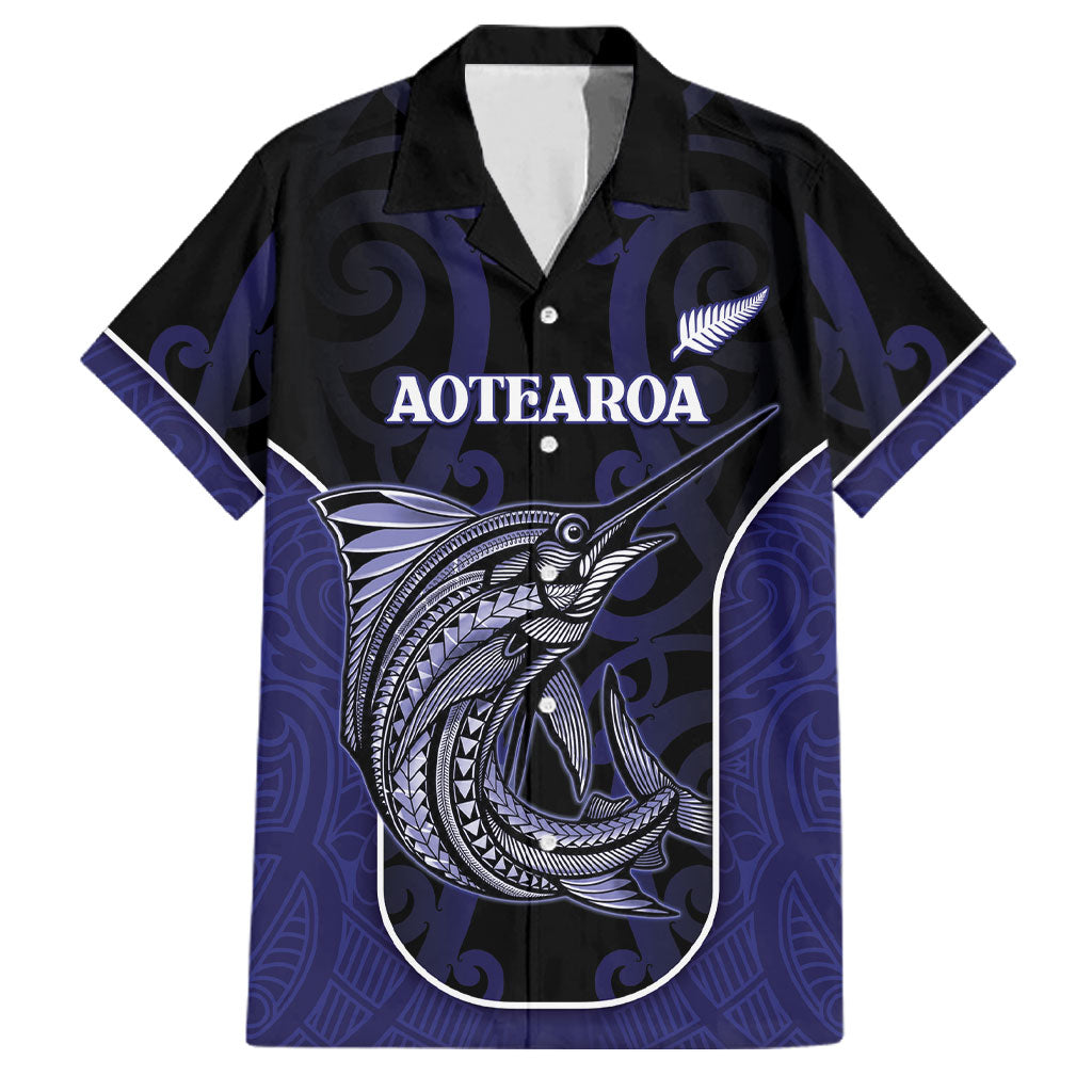 Personalised New Zealand Aotearoa Family Matching Short Sleeve Bodycon Dress and Hawaiian Shirt Blue Marlin Fishing Maori Pattern LT05 Dad's Shirt - Short Sleeve Black - Polynesian Pride