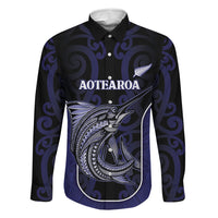 Personalised New Zealand Aotearoa Family Matching Short Sleeve Bodycon Dress and Hawaiian Shirt Blue Marlin Fishing Maori Pattern LT05 Dad's Shirt - Long Sleeve Black - Polynesian Pride