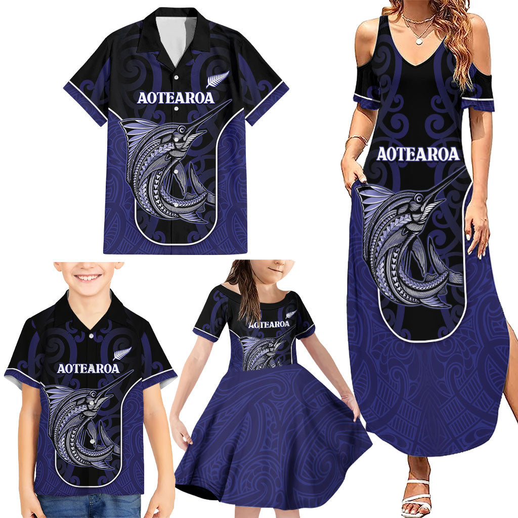Personalised New Zealand Aotearoa Family Matching Summer Maxi Dress and Hawaiian Shirt Blue Marlin Fishing Maori Pattern