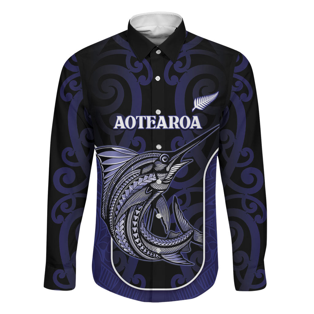 Personalised New Zealand Aotearoa Family Matching Tank Maxi Dress and Hawaiian Shirt Blue Marlin Fishing Maori Pattern LT05 Dad's Shirt - Long Sleeve Black - Polynesian Pride