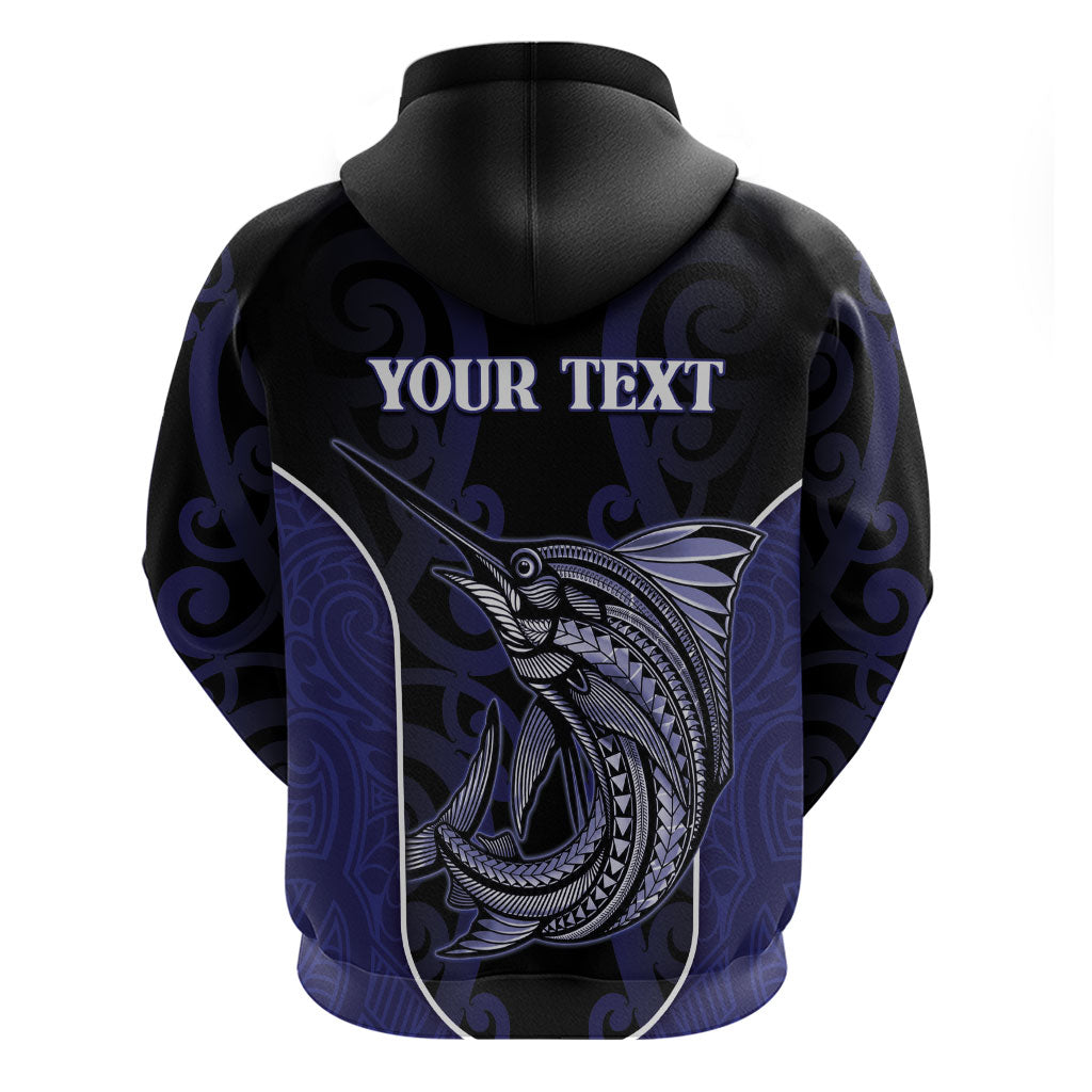 Personalised New Zealand Aotearoa Hoodie Blue Marlin Fishing Maori Pattern