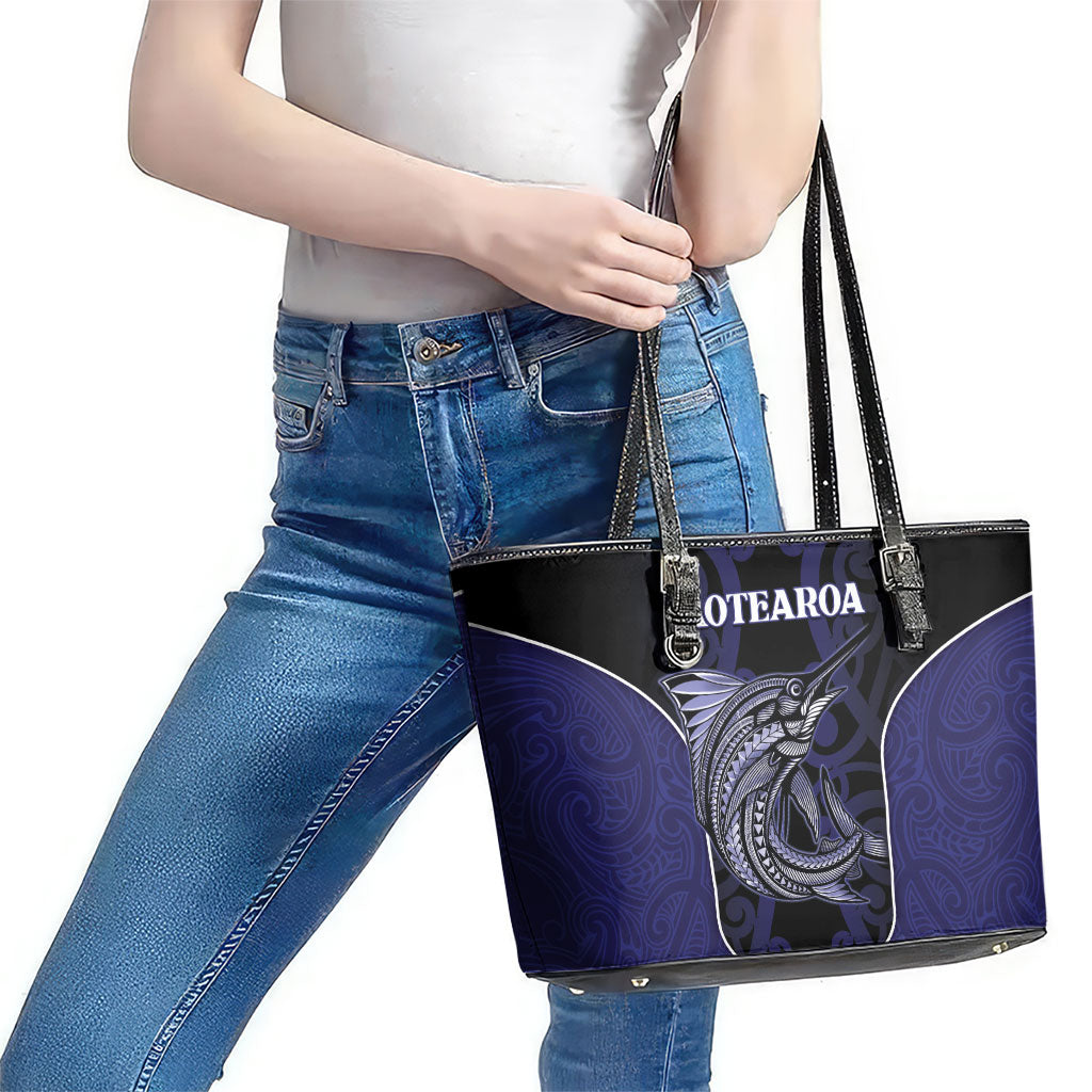 New Zealand Aotearoa Leather Tote Bag Blue Marlin Fishing Maori Pattern