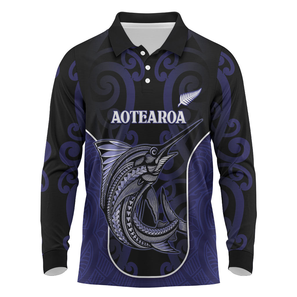 Personalised New Zealand Aotearoa Long Sleeve Polo Shirt Blue Marlin Fishing Maori Pattern LT05 Black - Polynesian Pride