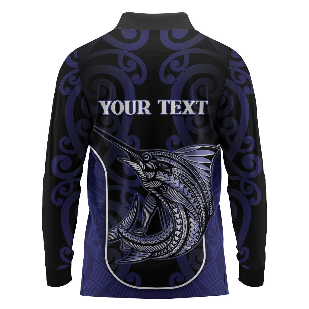 Personalised New Zealand Aotearoa Long Sleeve Polo Shirt Blue Marlin Fishing Maori Pattern LT05 - Polynesian Pride