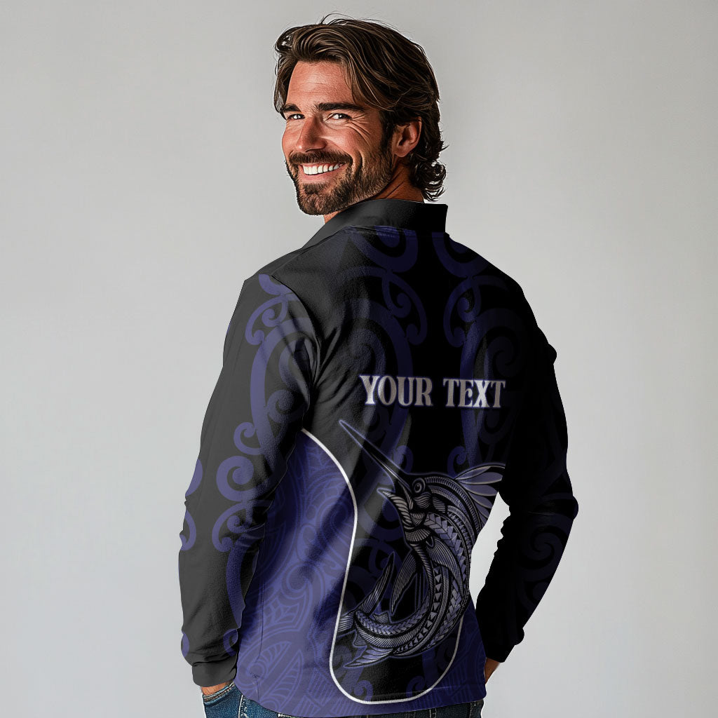 Personalised New Zealand Aotearoa Long Sleeve Polo Shirt Blue Marlin Fishing Maori Pattern LT05 - Polynesian Pride
