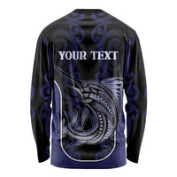 Personalised New Zealand Aotearoa Long Sleeve Shirt Blue Marlin Fishing Maori Pattern