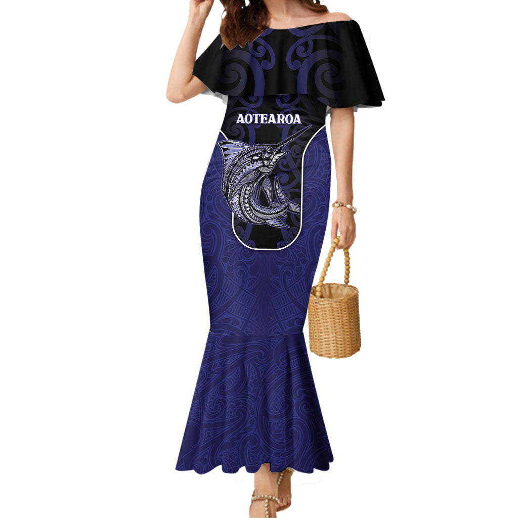 Personalised New Zealand Aotearoa Mermaid Dress Blue Marlin Fishing Maori Pattern LT05 Women Black - Polynesian Pride