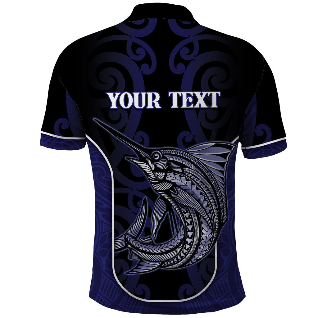 Personalised New Zealand Aotearoa Polo Shirt Blue Marlin Fishing Maori Pattern