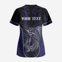 Personalised New Zealand Aotearoa Scrub Top Blue Marlin Fishing Maori Pattern