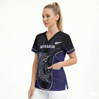 Personalised New Zealand Aotearoa Scrub Top Blue Marlin Fishing Maori Pattern