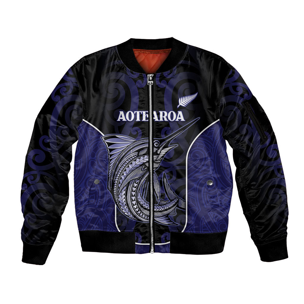 Personalised New Zealand Aotearoa Sleeve Zip Bomber Jacket Blue Marlin Fishing Maori Pattern