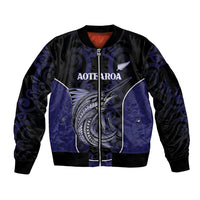 Personalised New Zealand Aotearoa Sleeve Zip Bomber Jacket Blue Marlin Fishing Maori Pattern
