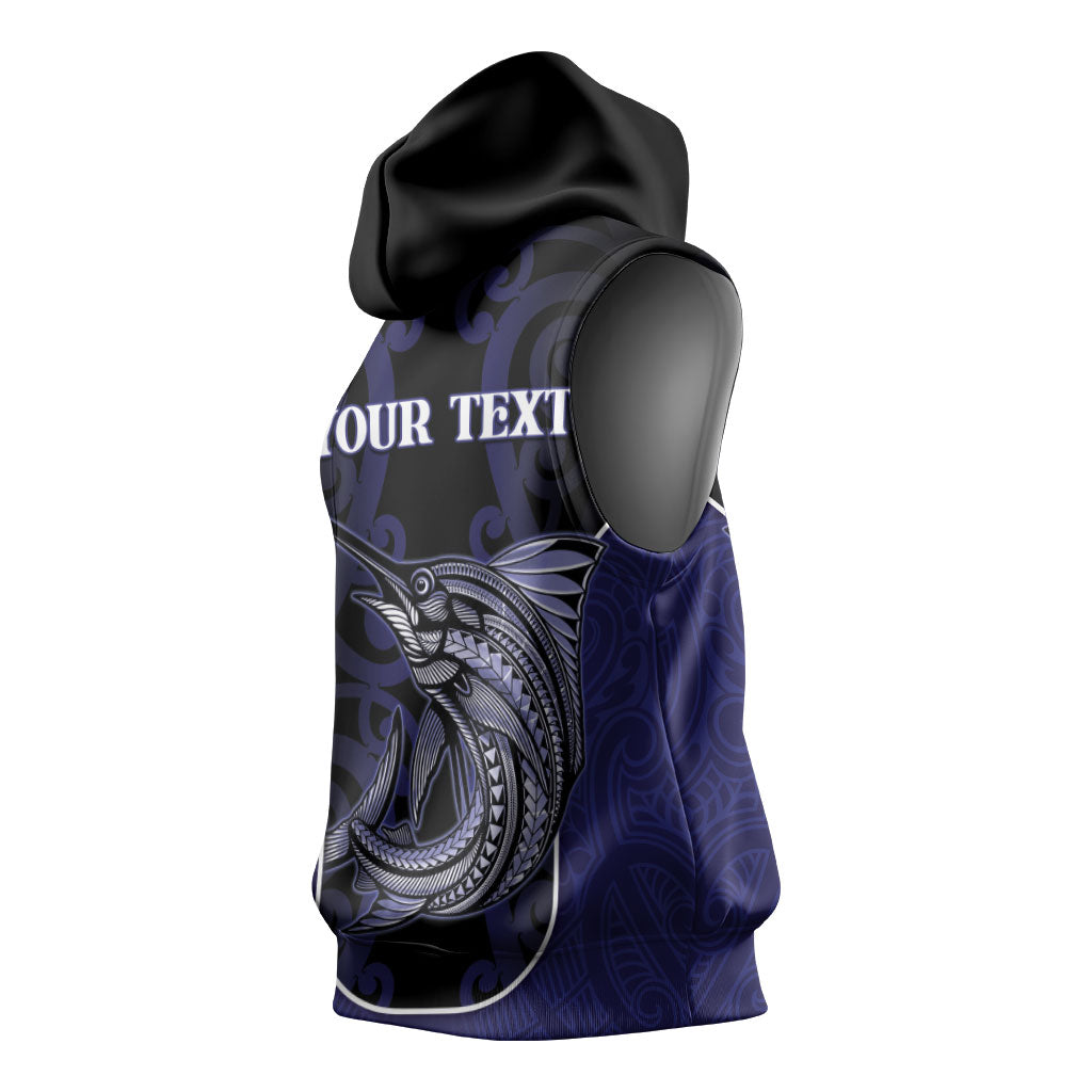 Personalised New Zealand Aotearoa Sleeveless Hoodie Blue Marlin Fishing Maori Pattern LT05 - Polynesian Pride