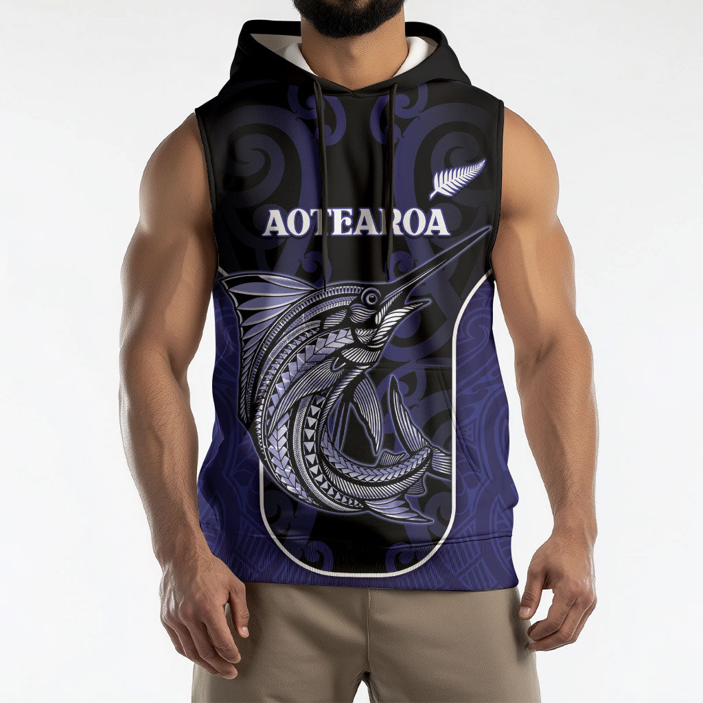 Personalised New Zealand Aotearoa Sleeveless Hoodie Blue Marlin Fishing Maori Pattern LT05 - Polynesian Pride