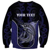 Personalised New Zealand Aotearoa Sweatshirt Blue Marlin Fishing Maori Pattern