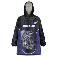 Personalised New Zealand Aotearoa Wearable Blanket Hoodie Blue Marlin Fishing Maori Pattern LT05 One Size Black - Polynesian Pride
