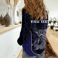 Personalised New Zealand Aotearoa Women Casual Shirt Blue Marlin Fishing Maori Pattern LT05 - Polynesian Pride