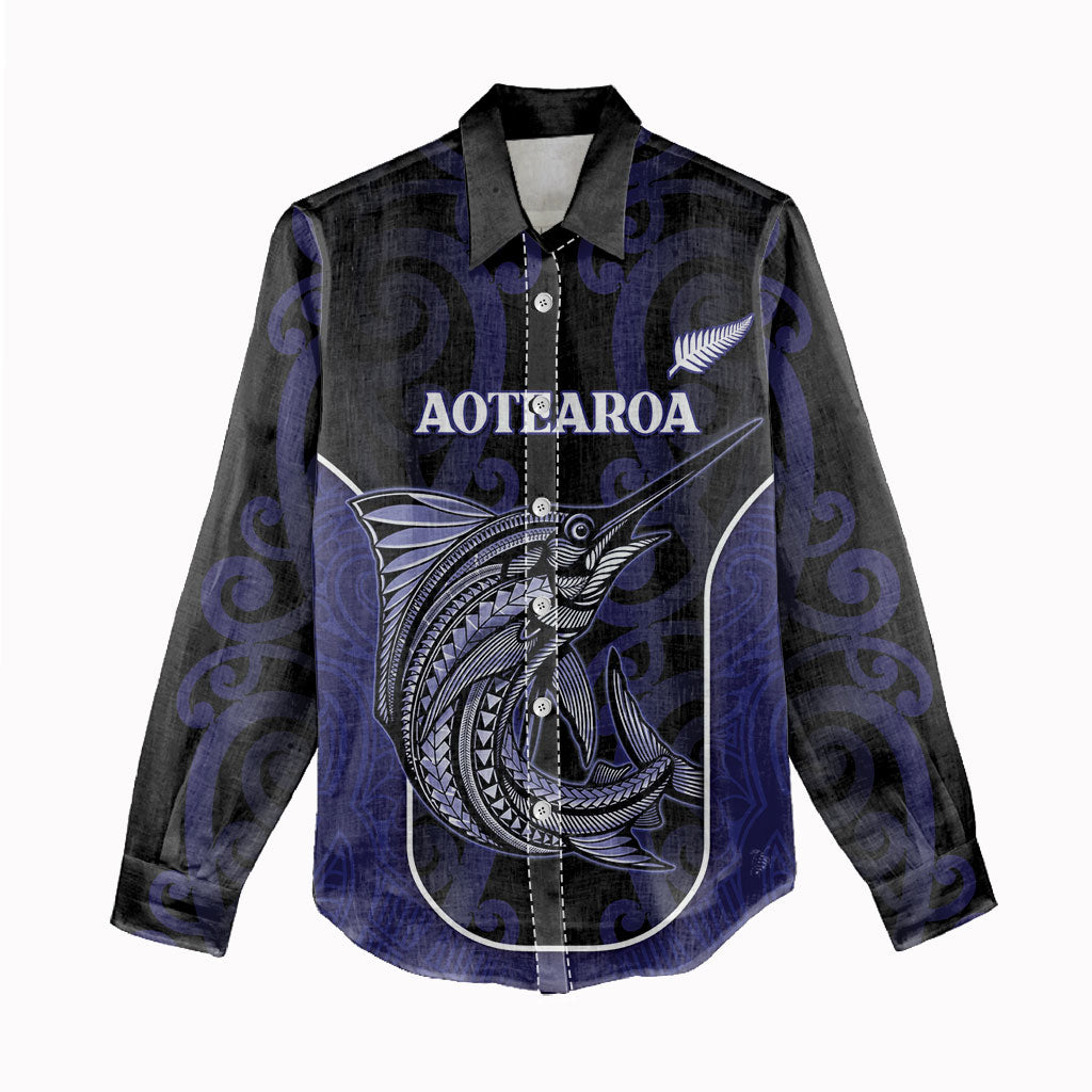 Personalised New Zealand Aotearoa Women Casual Shirt Blue Marlin Fishing Maori Pattern LT05 - Polynesian Pride